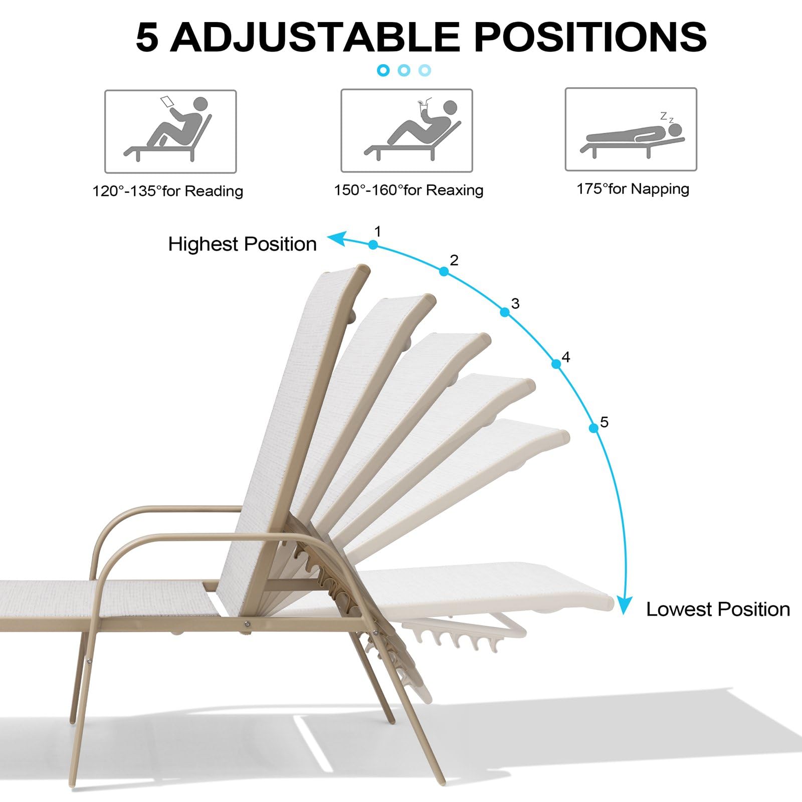 Crestlive Products Chaise Lounge Chair Outdoor with Armrests, Pool Lounge Chairs Set of 2, Aluminum Adjustable 5 Positions Sun Tanning Lounger for Patio, Poolside, Yard, Deck, Backyard (Beige)