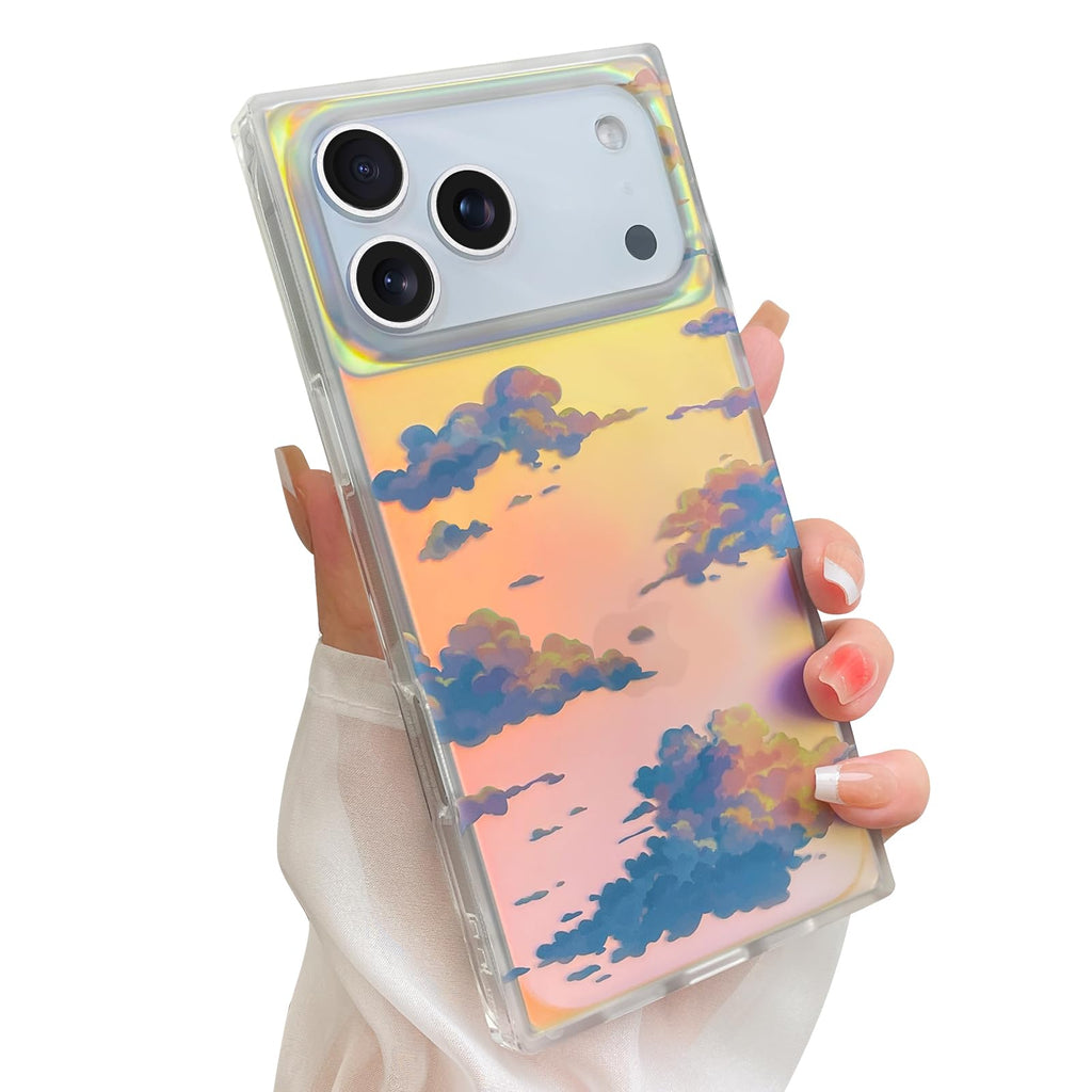 Cute Case for iPhone 13 Pro Case for Women Girls with Iridescent Cloud Pattern Design, Aesthetic Trendy Girly Matte Glitter Sparkly Rainbow Rectangle Protective Phone Cover, Sun Set Sky