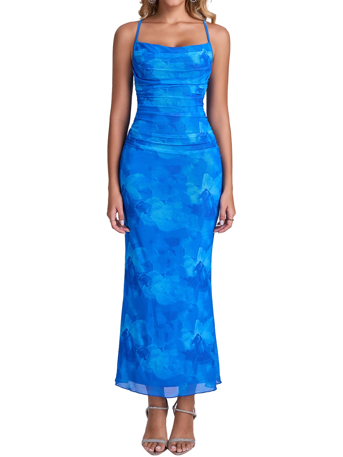 URYIAO Women's Summer 2026 Floral Spaghetti Strap Maxi Dress Sleeveless Ruched Mesh Bodycon Long Wedding Guest Dresses