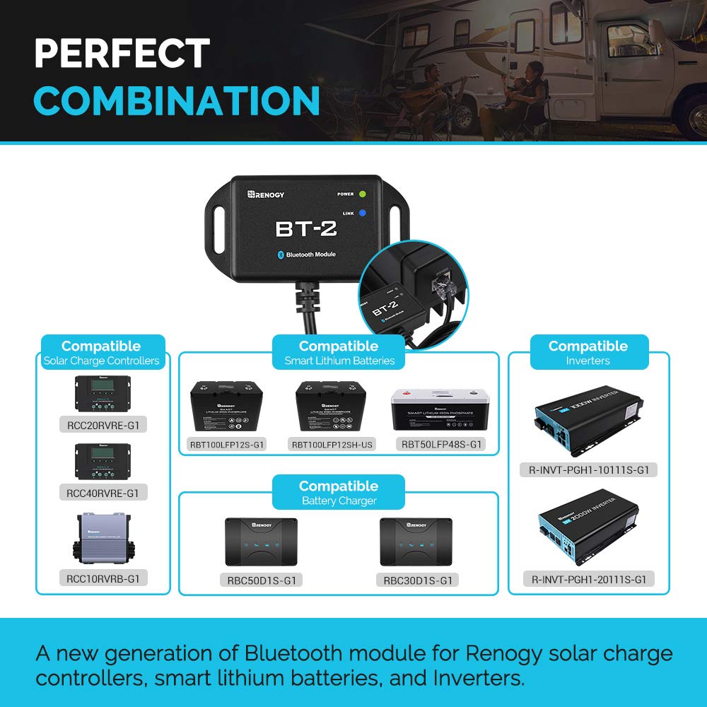 Renogy BT-1 Bluetooth Module for PWM Charge Controllers (Wanderer/Adventurer) – RJ12 RS232 Port, Wireless Monitor via DC Home App,IP54