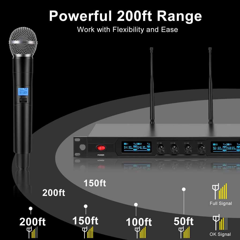 innopow 4-Channel Wireless Microphone System, Quad UHF Metal Cordless Mic, 2 Handheld Mics, 2 Bodypack Mics, Long Distance150-200Ft, Fixed Frequency, 16 Hours Use for Karaoke Singing, Church