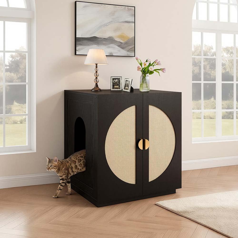 unipaws Extra Large Cat Litter Box Enclosure for Self-Cleaning & Automatic Litter Boxes, Tall Cabinet with Charging Station, Wooden Dog Proof Hidden Cat House for Top Entry Litter Box