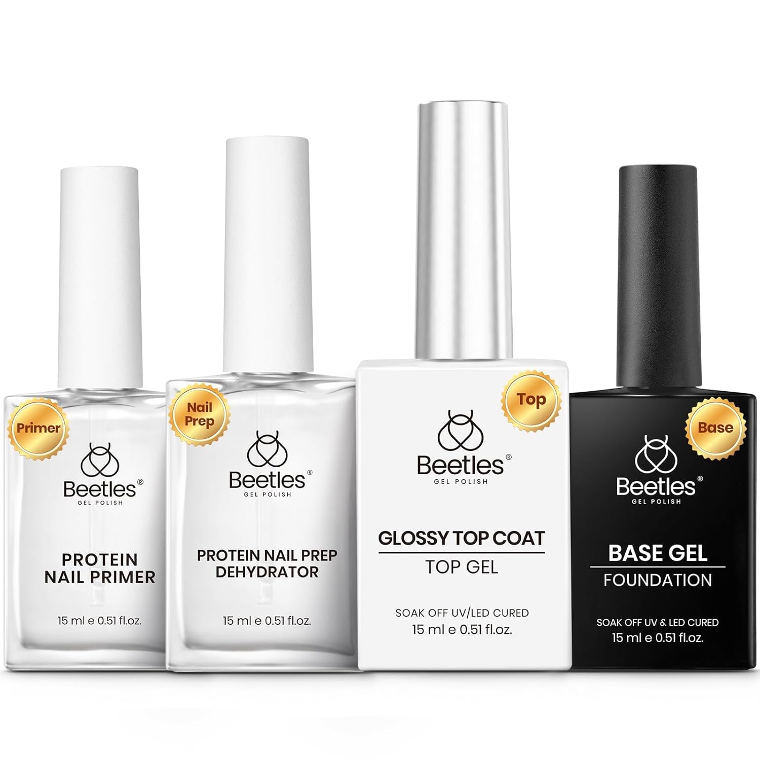 Beetles 2Pcs 15ml Gel Base and Top Coat Set - Upgrade No Wipe Extra Glossy Top Coat Finish for Gel Nail Polish, Soak Off UV/LED Lamp Needed, Essentials for Long-Lasting Manicure Kit