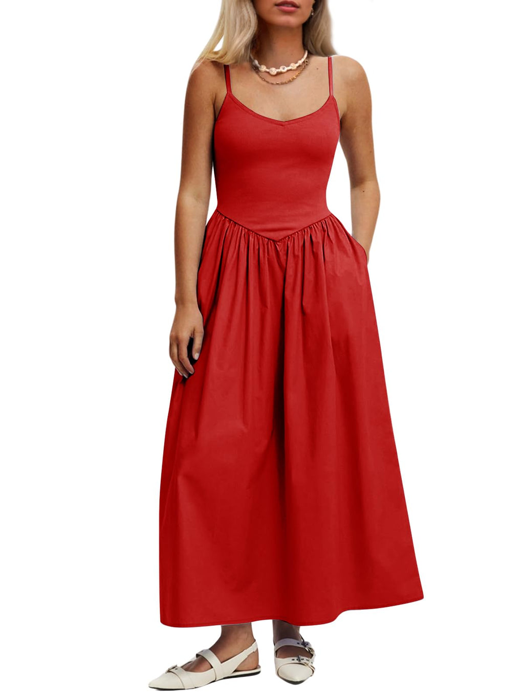 Mieazom Women’s Sleeveless V-Neck Maxi Dress with Pockets – Slim Fit Casual Summer Spaghetti Strap Dress for Vacation