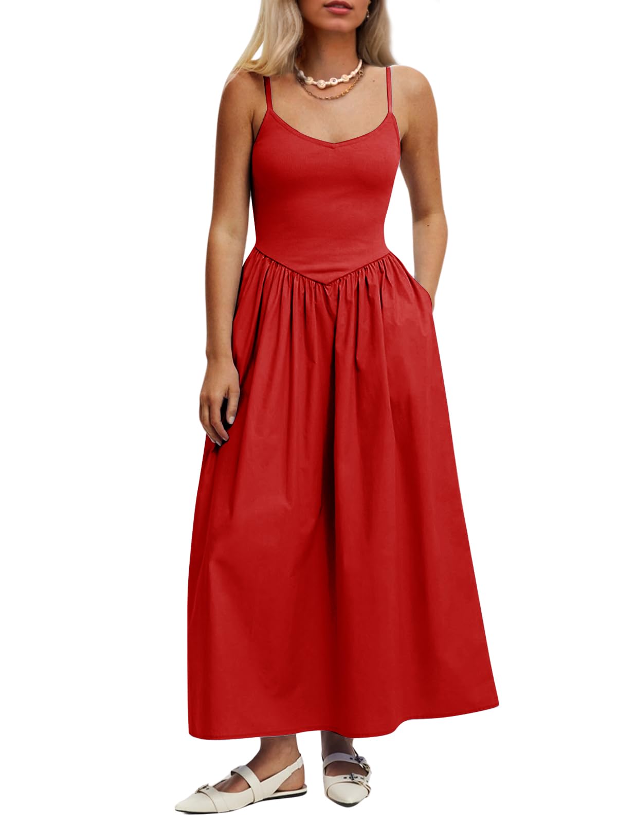 Mieazom Women’s Sleeveless V-Neck Maxi Dress with Pockets – Slim Fit Casual Summer Spaghetti Strap Dress for Vacation