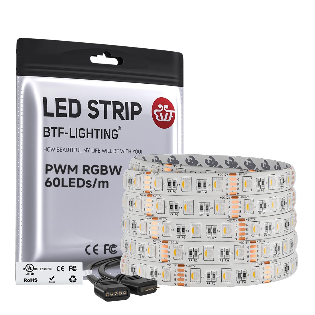 BTF-LIGHTING RGBW LED Strip Lights,UL Listed,5050 4 Colors in 1 RGB + 2700K-3000K Warm White,12V DC,16.4ft/5m 60LEDs/m 12mm White PCB, IP30 for Home Decoration(No Adapter or Controller)