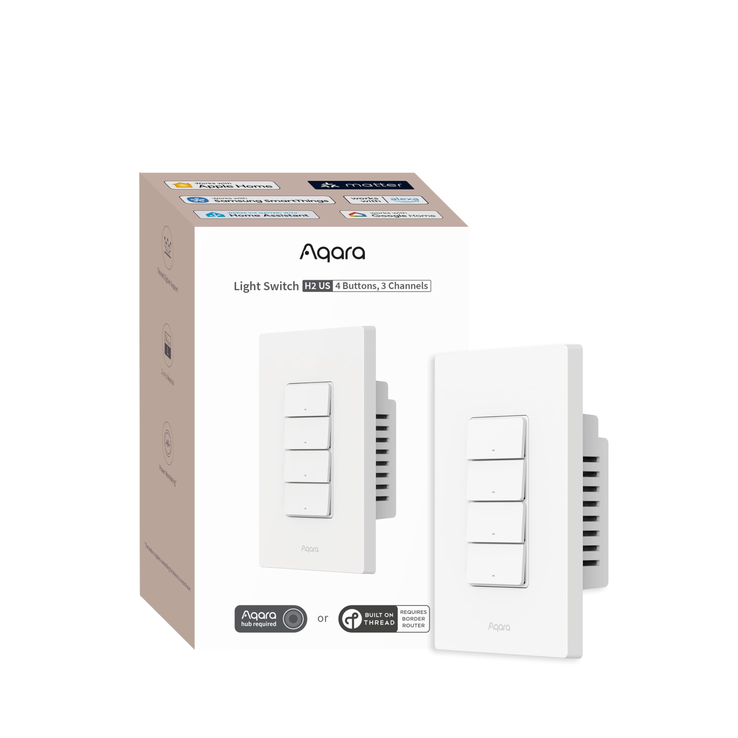 Aqara Smart Light Switch H2 (2-in-1 Neutral, 2 Buttons, 1 Channel), Thread/Zigbee Protocol, Wall Switch for Smart Home, Supports Apple Home, Google, Alexa, Matter Over Thread