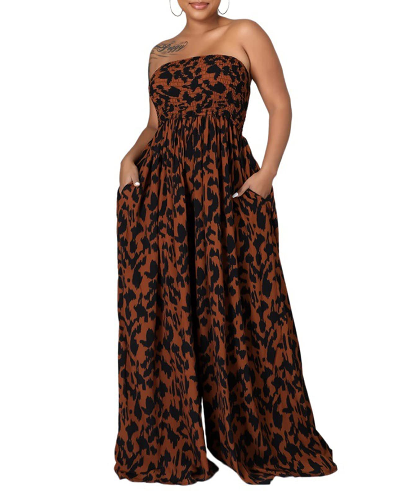 Ophestin Women's Strapless Tube Wide Leg Jumpsuits Smocked Women Jumpsuits Dressy Casual Flowy One Piece Jumpsuits Rompers