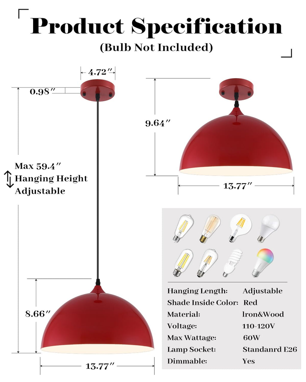 White Pendant Lights, 11.8 inch Pendant Lights Kitchen Island, Farmhouse Pendant Light Fixtures (White Inside), Industrial Pendant Lighting for Dining Room, Bedroom, Hallway (1 Pack)