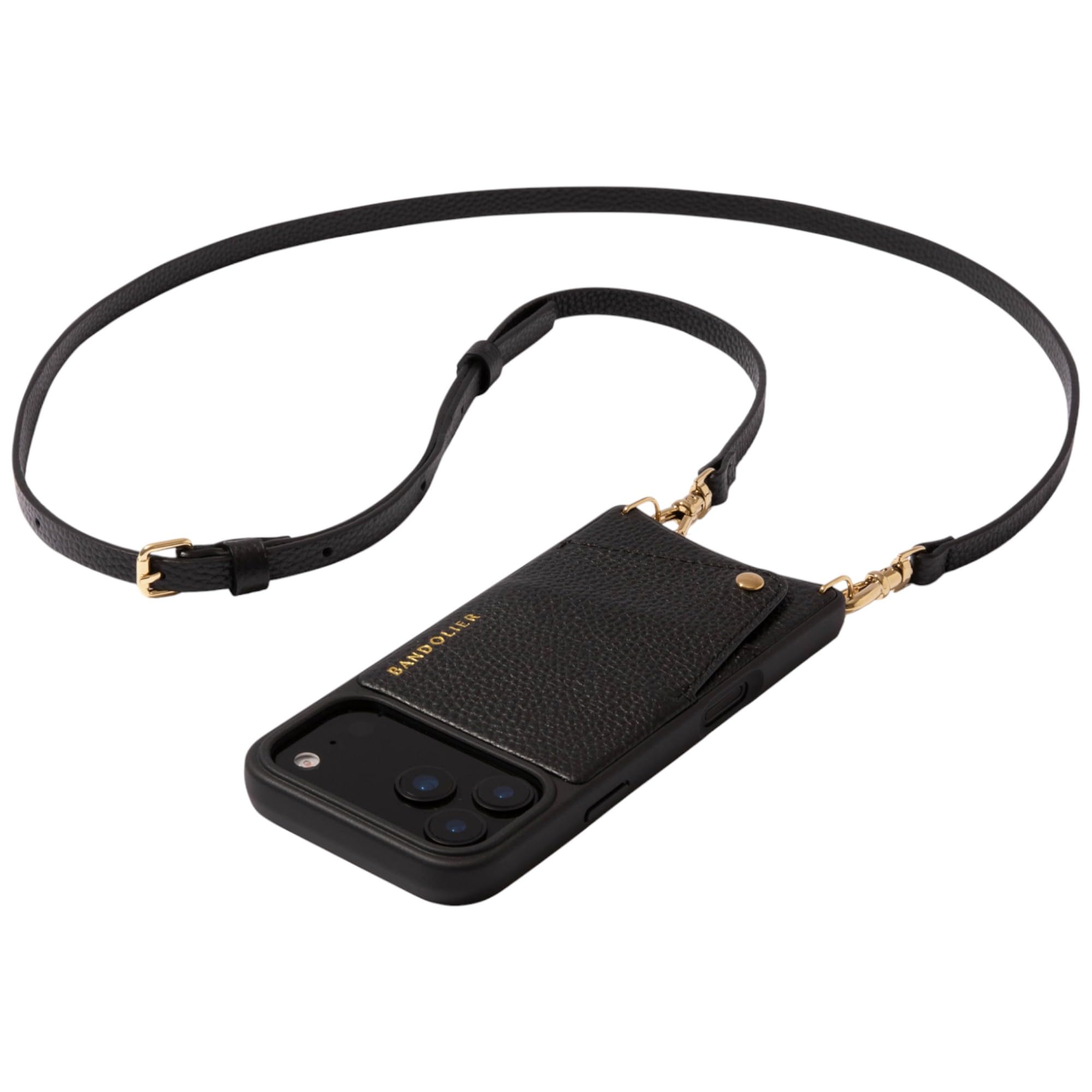 Bandolier Emma Crossbody Wallet Phone Case for iPhone 15 Pro Max. 100% Genuine Pebble Leather. Adjustable & Removable Crossbody Strap. Card Holder with Snap Closure. Black with Gold Hardware
