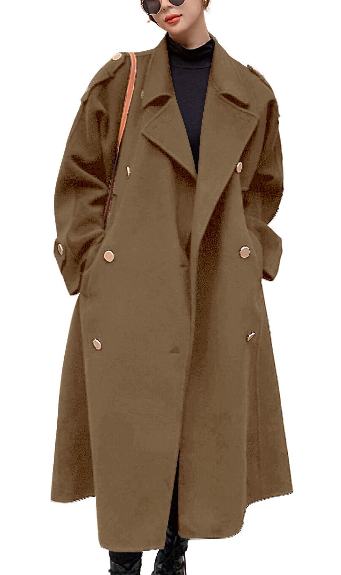 chouyatou Women's Winter Double Breasted Midi Long Wool Pea Coat Notch Lapel Winter Trench Coat