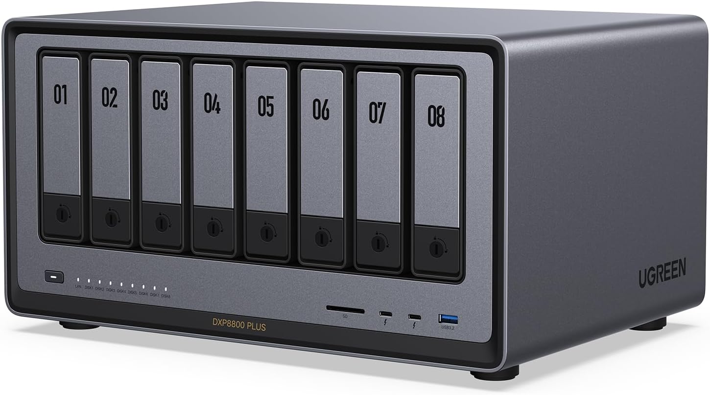 UGREEN NAS DXP8800 Plus 8-Bay Desktop NASync, Intel i5 1235u 10-Core CPU, 8GB DDR5 RAM, Bulit-in 128G SSD for System, 2*10GbE, 2*M.2 NVMe Slots, 8K HDMI, 2X TBT4, Network Attached Storage (Diskless)