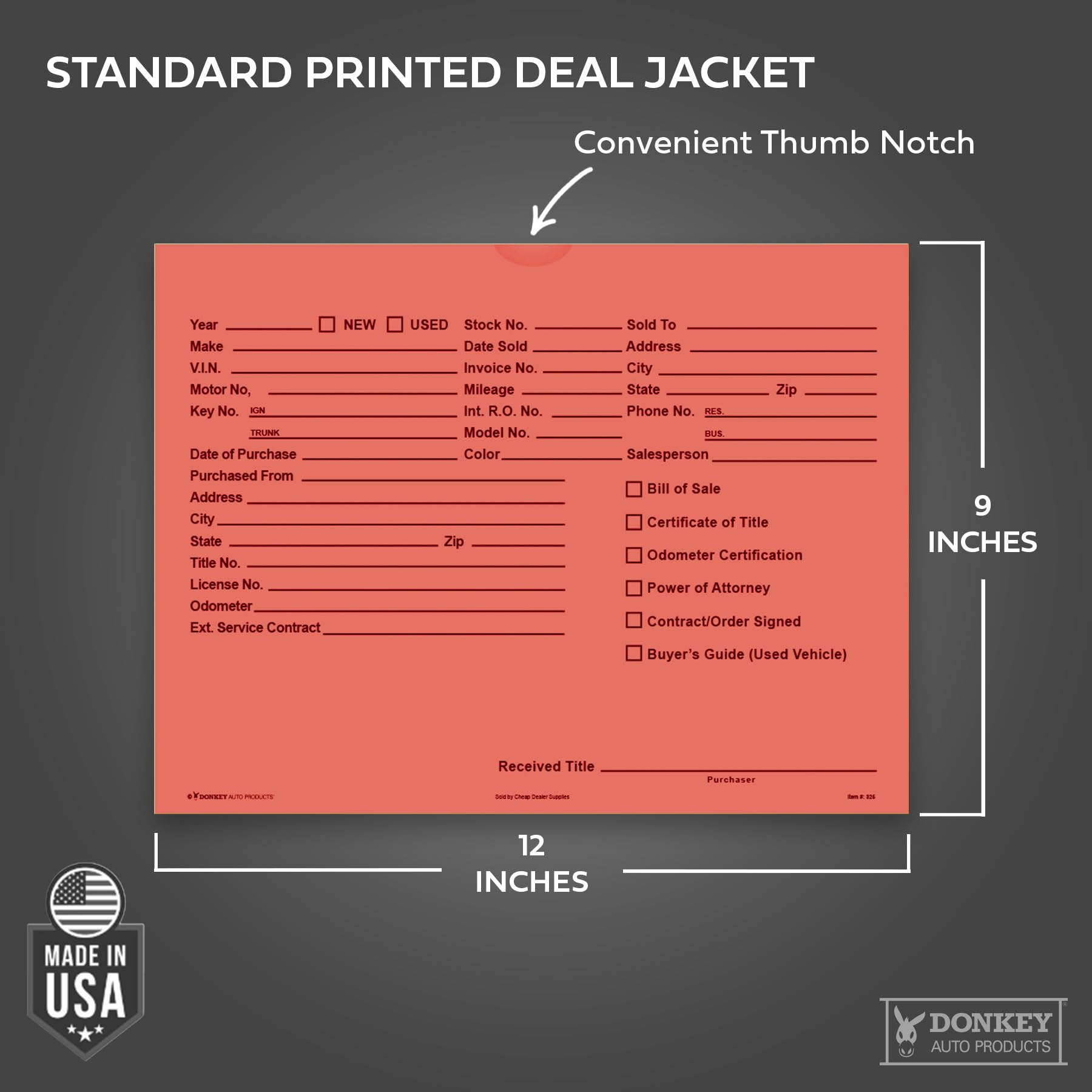 Printed Vehicle Deal Envelopes 9x12 Deal Jackets (100 shrink wrapped) (Blue)