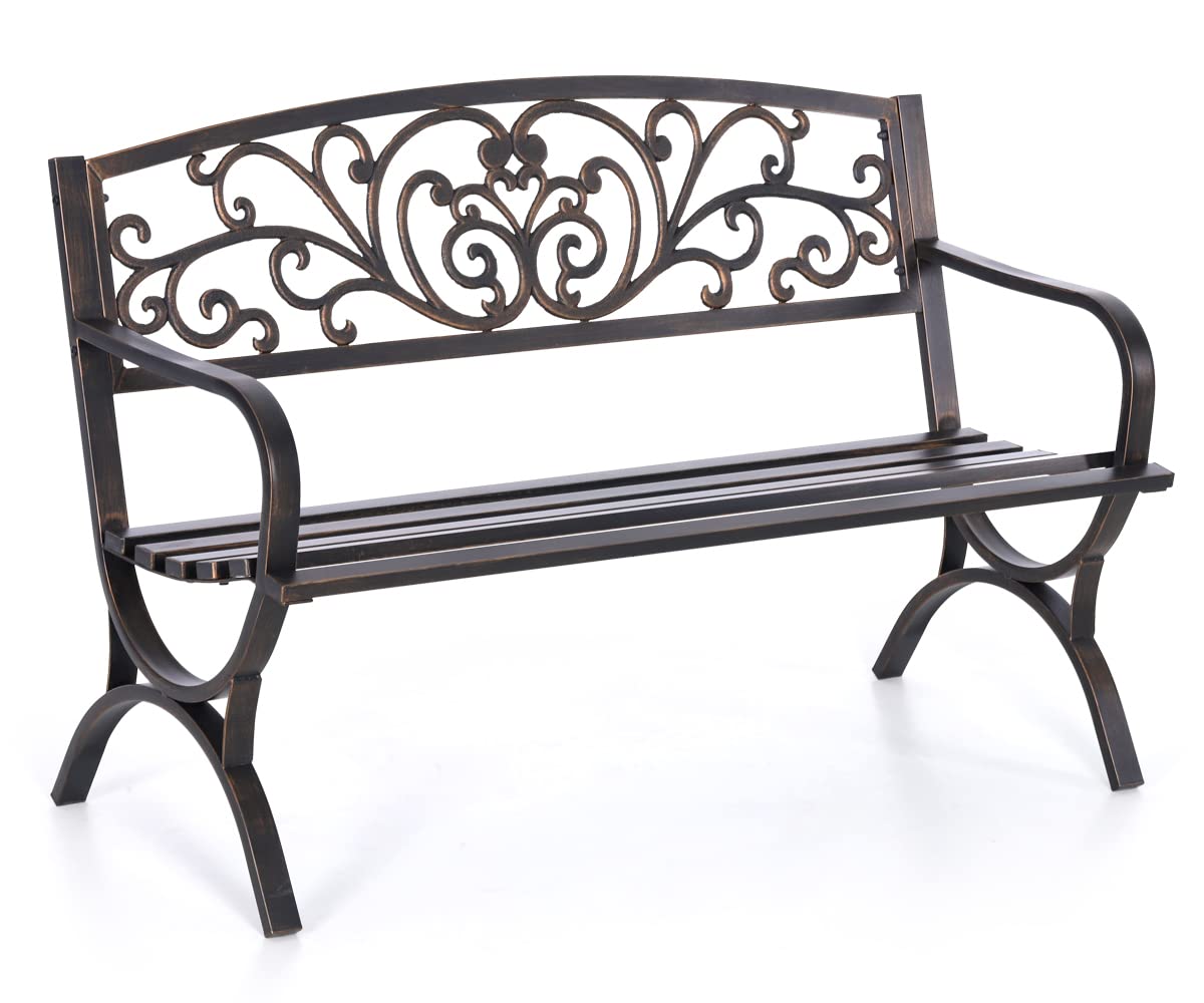MFSTUDIO 50 Inches Outdoor Garden Bench, Cast Iron Metal Frame Patio Park Bench with Floral Pattern Backrest, Arch Legs for Porch Lawn Garden Yard(Black)