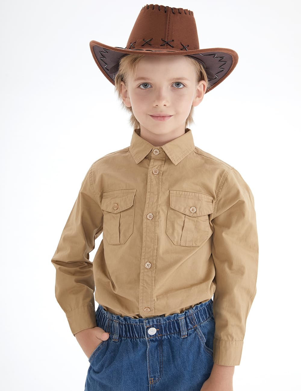 Spring&Gege Boys' Long Sleeve Button Down Shirt for Kids Woven Solid Two Pockets