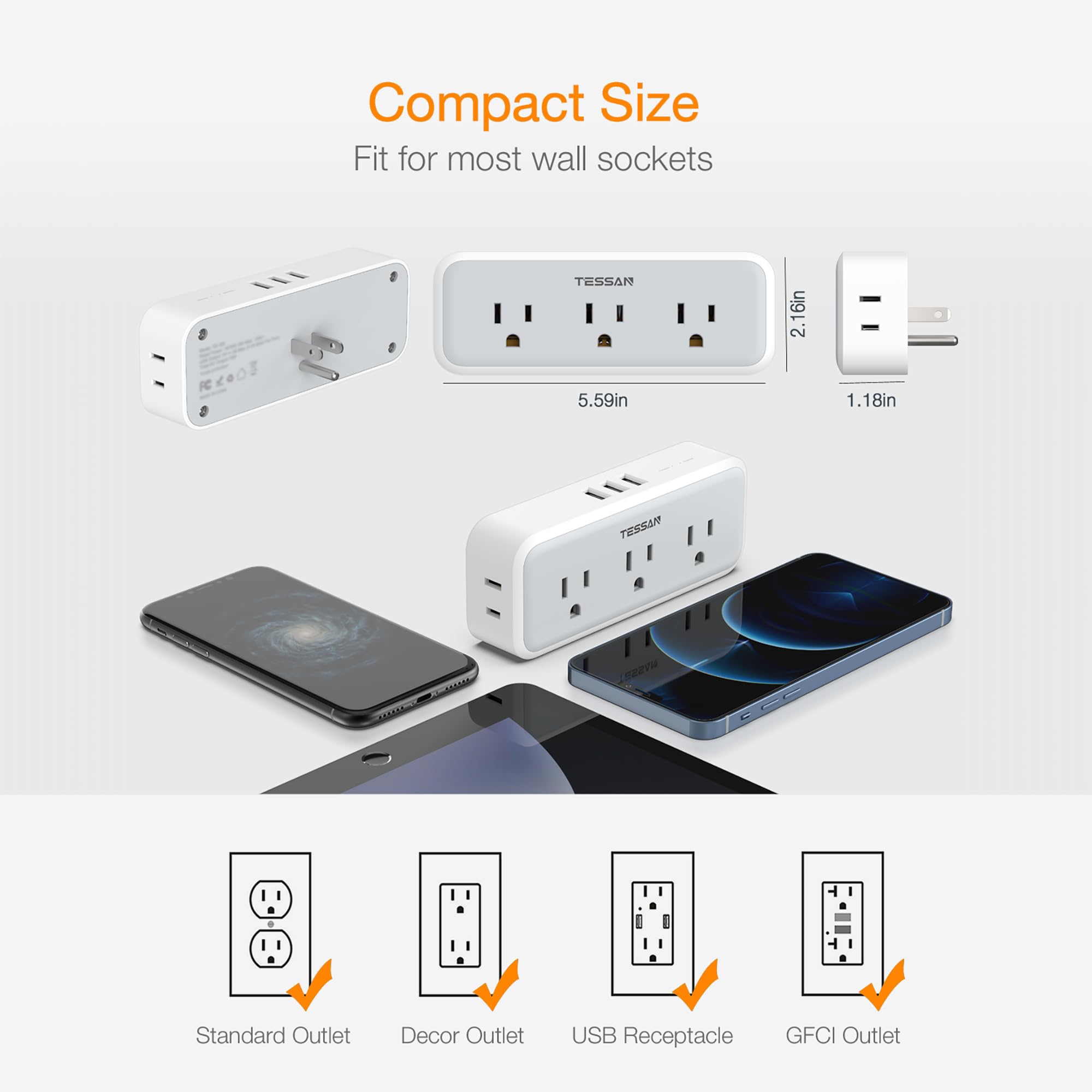 Multi Plug Outlet Extender, TESSAN Surge Protector Wall Plug Splitter with 5 Electrical Outlet Expander, Multiple Plug Adapter for Travel Home Office