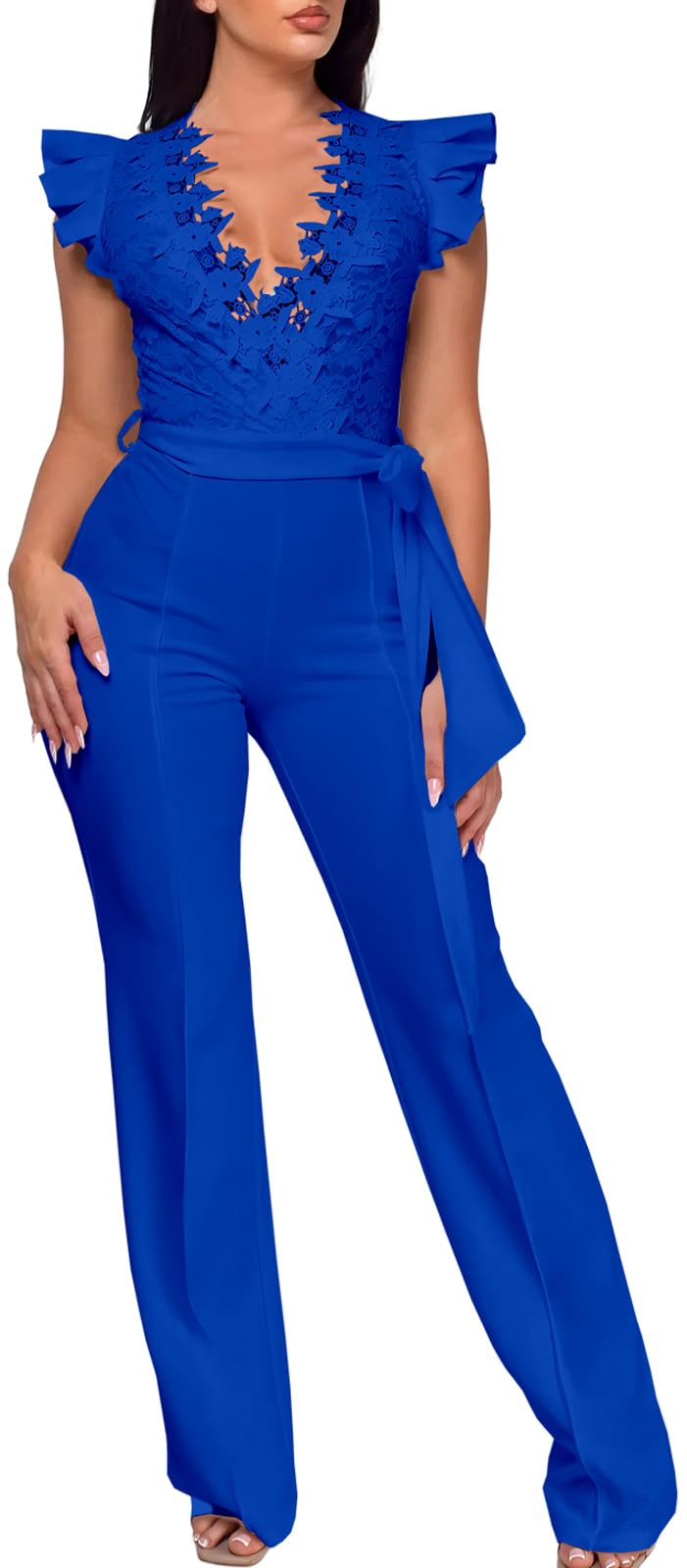 PaladMom Womens Elegant Plus Size Jumpsuits Sexy Back zipper Short Sleeve Mid Waist Wide Leg Straight Rompers
