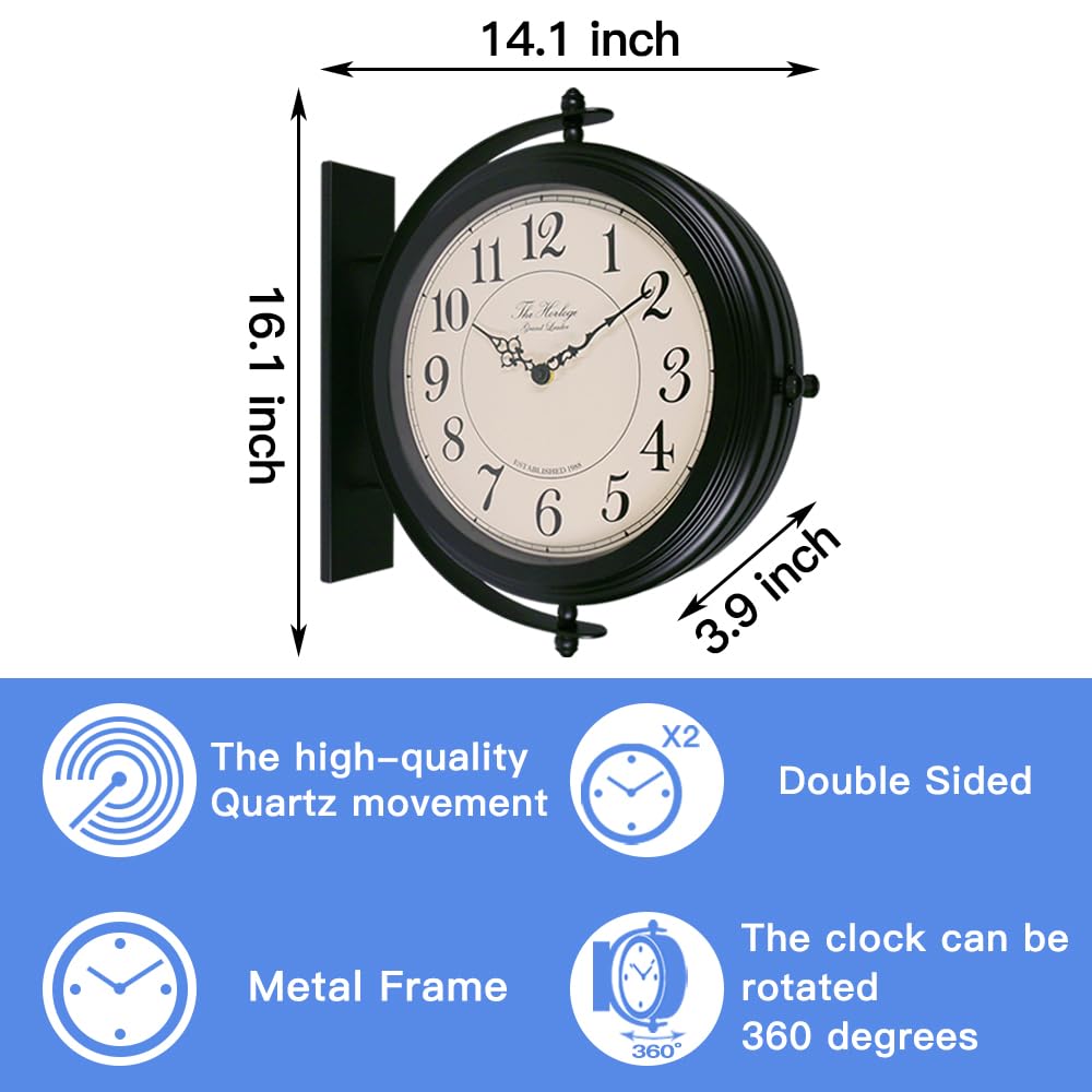 BESTIME 66264A 16-Inch Double Sided Metal Wall Clock with Antique Red Copper.Sturdy Frame,Easy Read,Garden,Home Décor,Indoor,Outdoor,Farmhouse,Yard,Station,Office,Photography Props.
