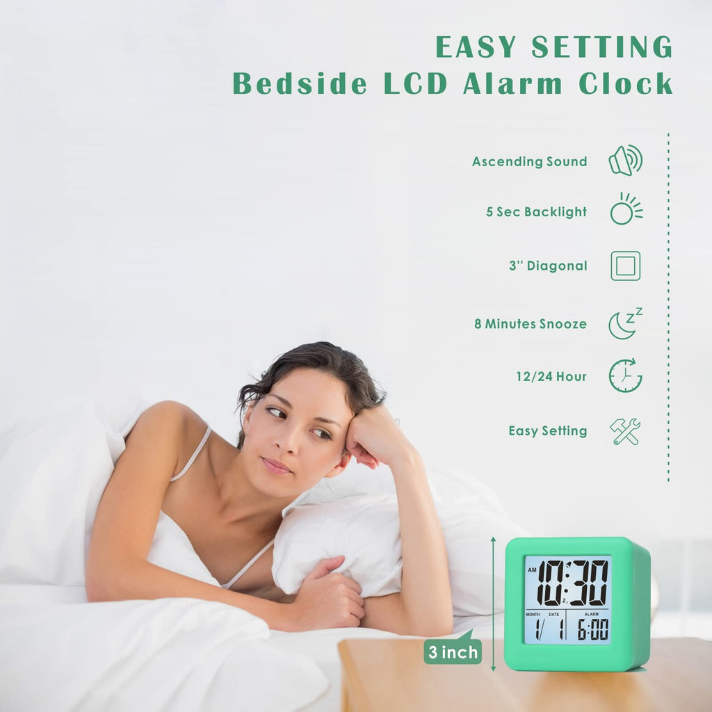 Plumeet Digital Alarm Clock Kids Clock with Snooze and White Nightlight - Easy Setting Travel Alarm Clocks Display Time, Date, Alarm - Ascending Sound - Battery Powered (Baby Blue)