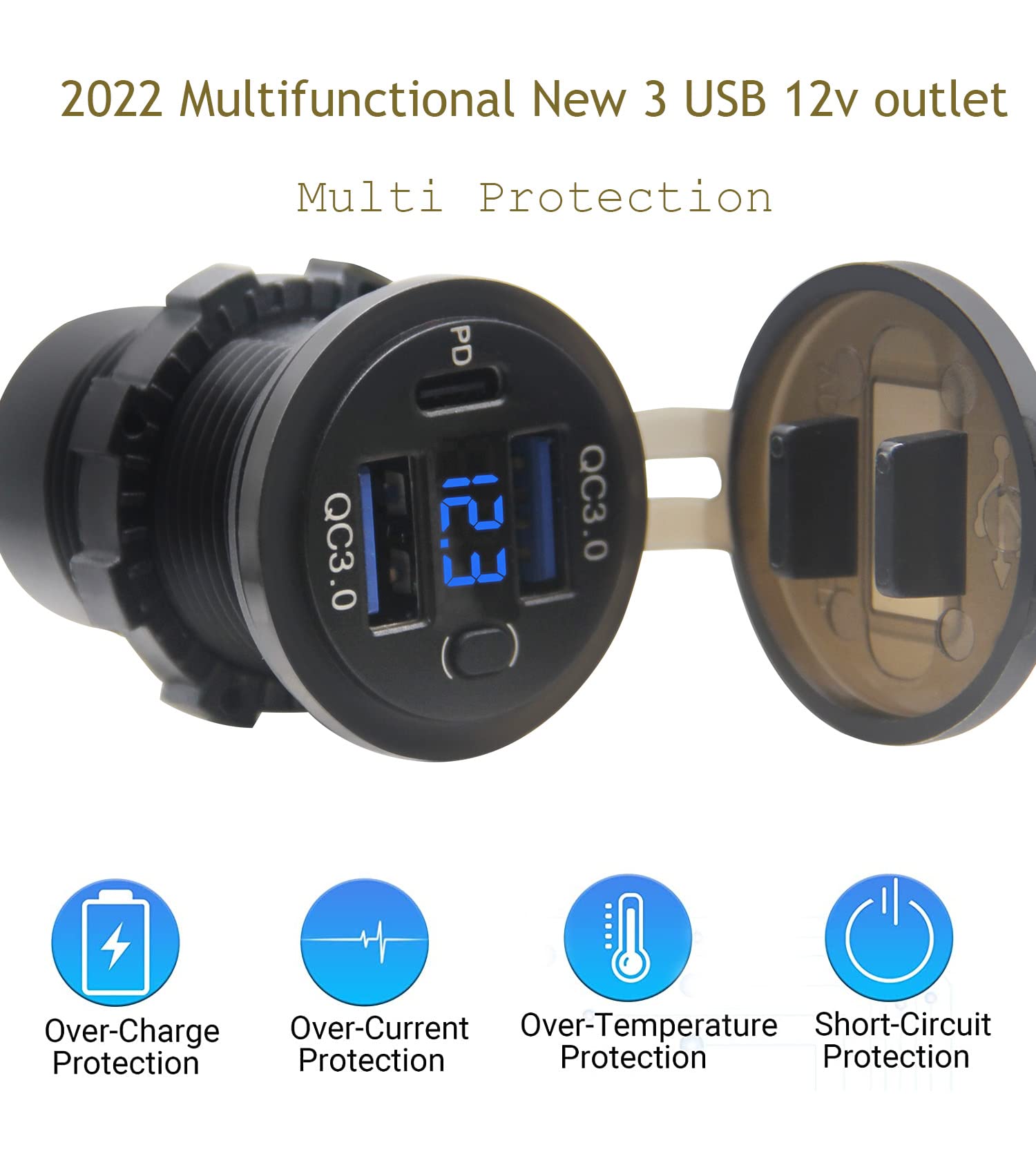 12V USB Outlet, Dual USB C Car Charger Socket & Quick Charge 3.0 Port with Voltmeter and Power Switch for Car Boat Marine Truck