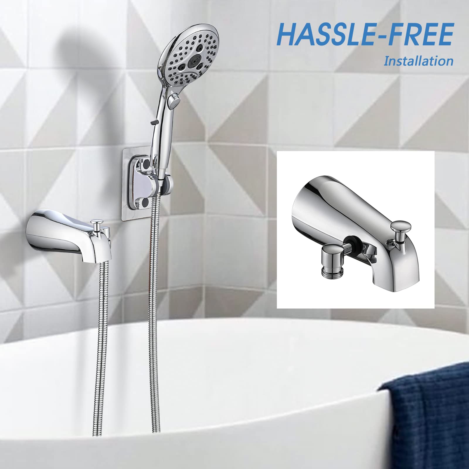 PROOX All Metal Tub Spout with Diverter, 6 Settings Hand held Shower with ON/Off Pause Switch, Bathtub Faucet with Sprayer Brushed Nickel