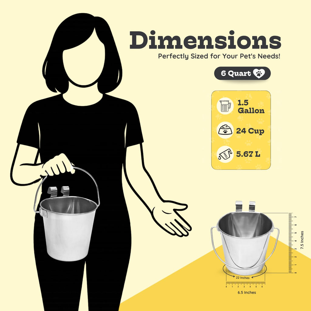 1 quart Stainless Steel Flat Sided Bucket with Dual Hooks | 0.25 gal Durable Food & Water Bowl for Dog Cat Bird & Small Animals | Fits kennel Cage Critter Crate | Hanging Utility Pet Pail
