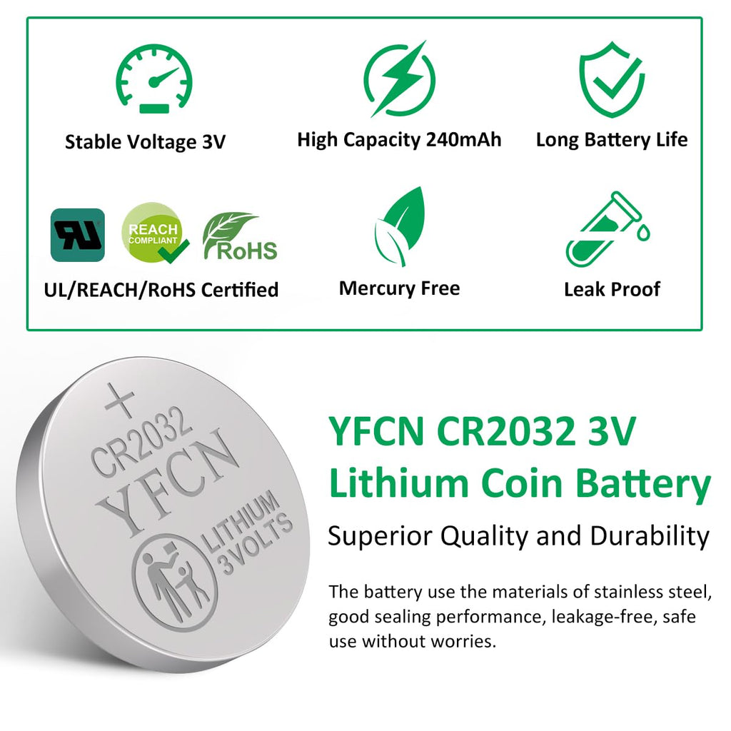 YFCN CR2032 Battery 3V Lithium Batteries 5 Count Pack CR2032 Batteries - CR 2032 Coin Cell Battery for AirTag, Key Fob, Remotes- 10 Years Shelf Life