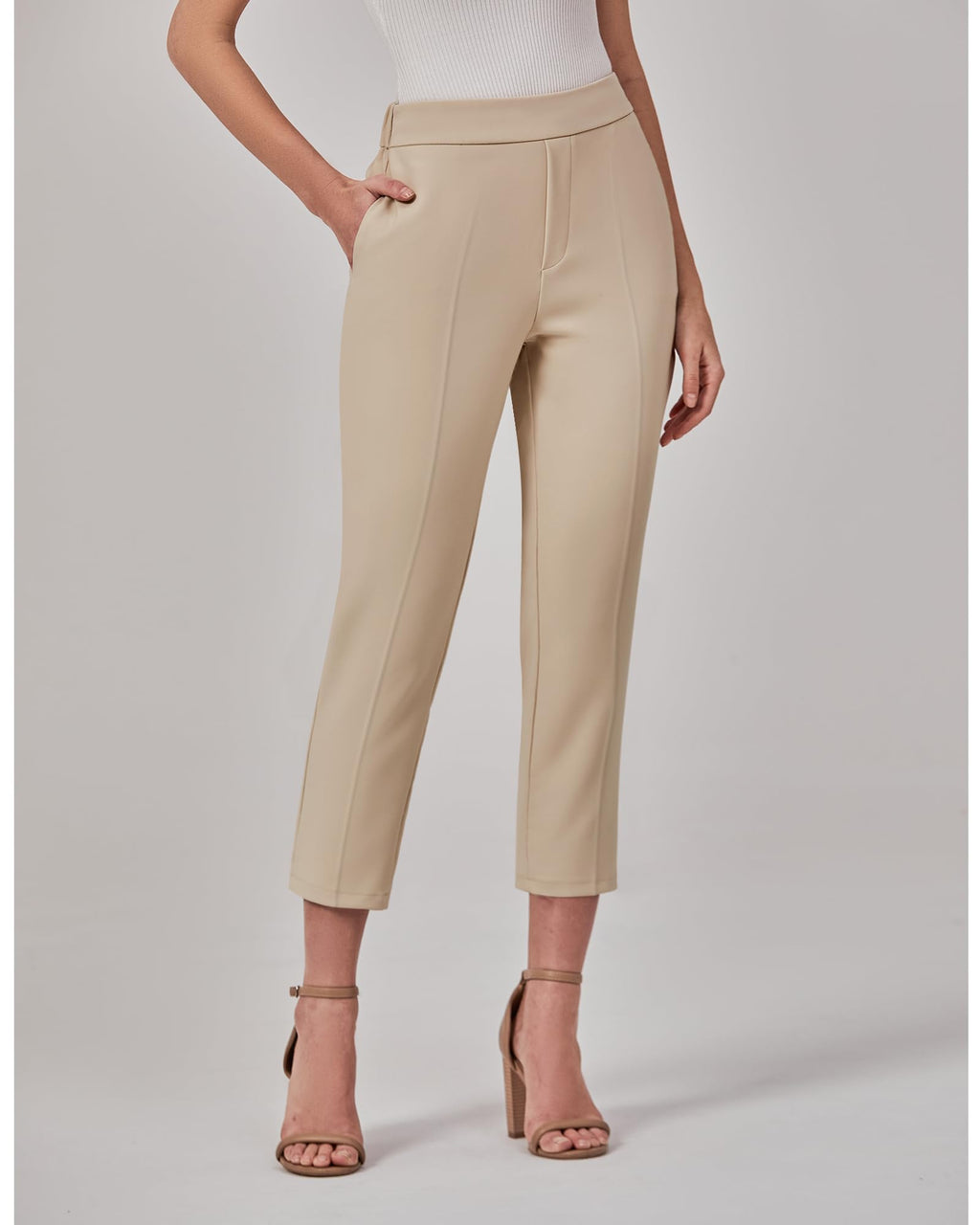 GRAPENT Capri Pants for Women High Waisted Pull On Dress Pants Slim Straight Leg Stretchy Waist Capris Trousers Pants
