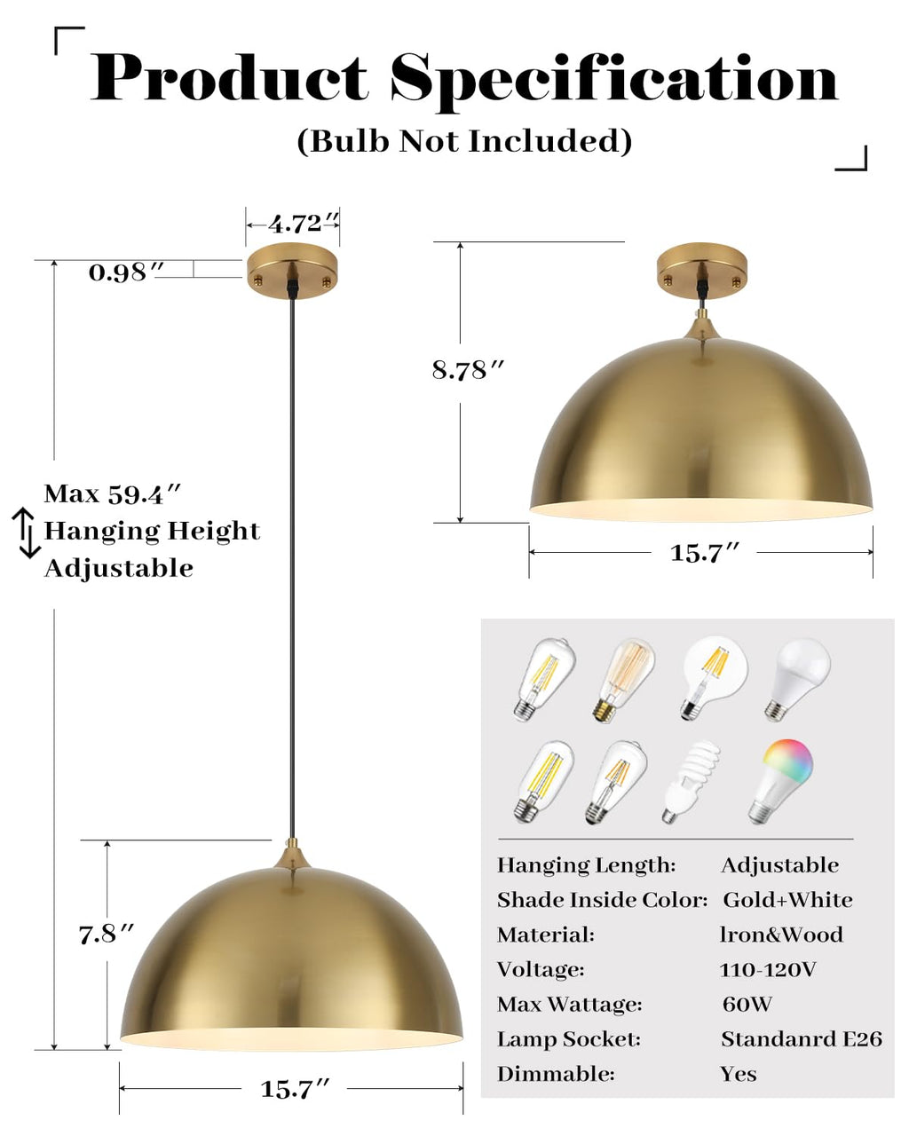 White Pendant Lights, 11.8 inch Pendant Lights Kitchen Island, Farmhouse Pendant Light Fixtures (White Inside), Industrial Pendant Lighting for Dining Room, Bedroom, Hallway (1 Pack)