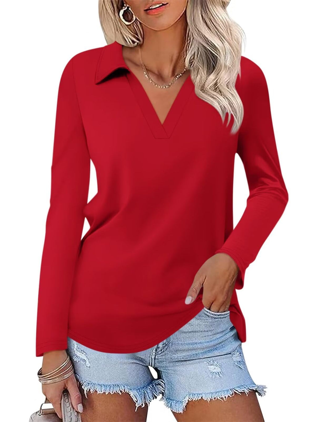 ORANDESIGNE Women's Long Sleeve Polo Shirts Casual Color Block V Neck Tops Fall Collar Ladies Tunics Tees