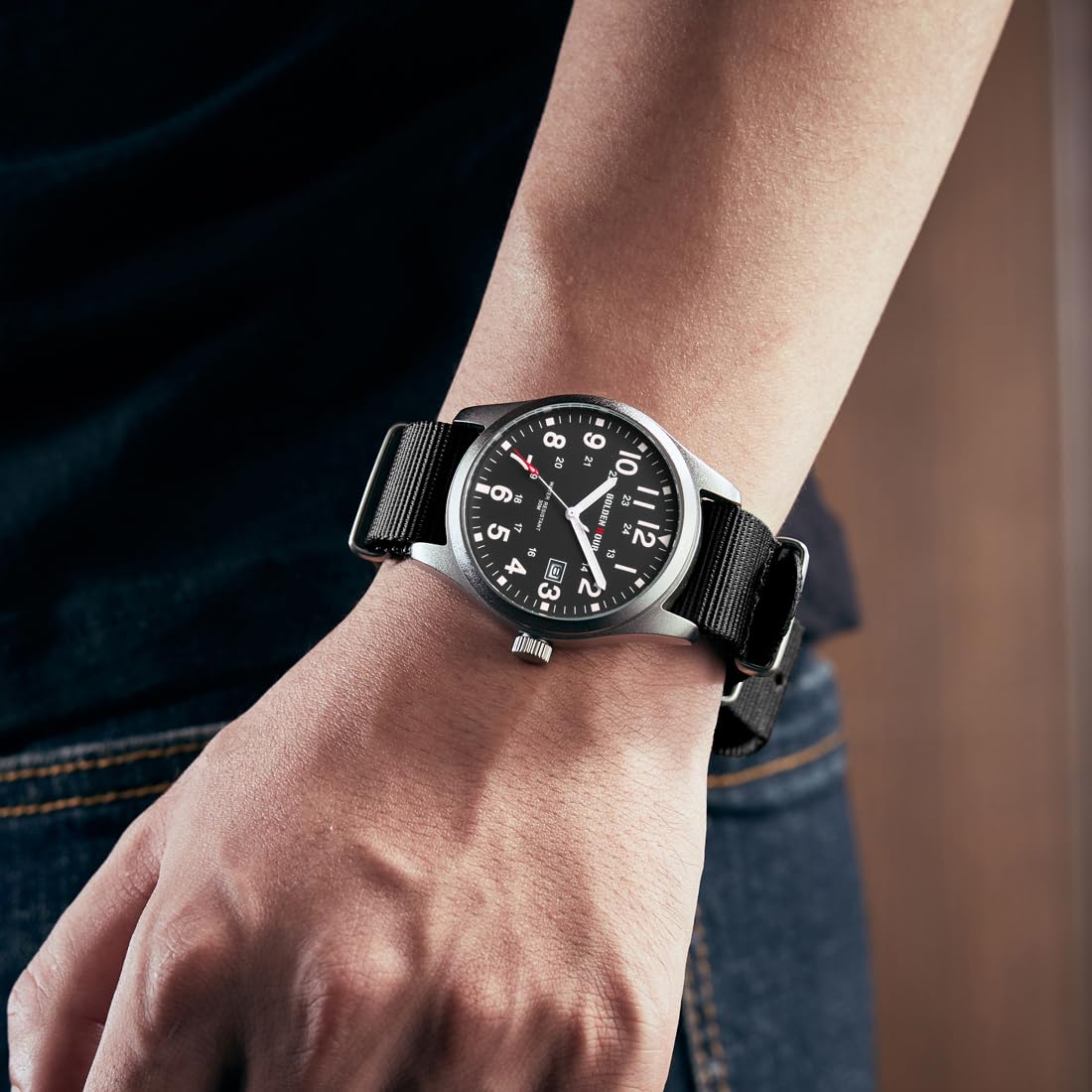GOLDEN HOUR Men's Nylon Slip-Thru Strap Watch with Military Time Easy Read Dial Glowing Hands