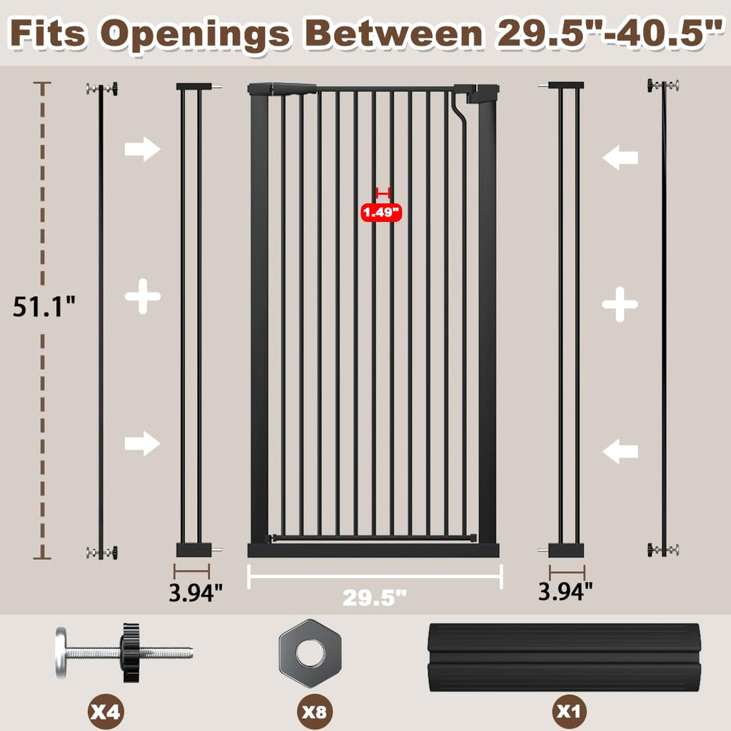 Fairy Baby 51.1" Extra Tall Pet Gate, 29.5"-32.6" Adjustable Width Auto Close Encrypted Tall Dog Gate, Cat Proof Metal Gate Indoor for Doorway Hallways, Pressure Mounted Child Safety Gates, Black
