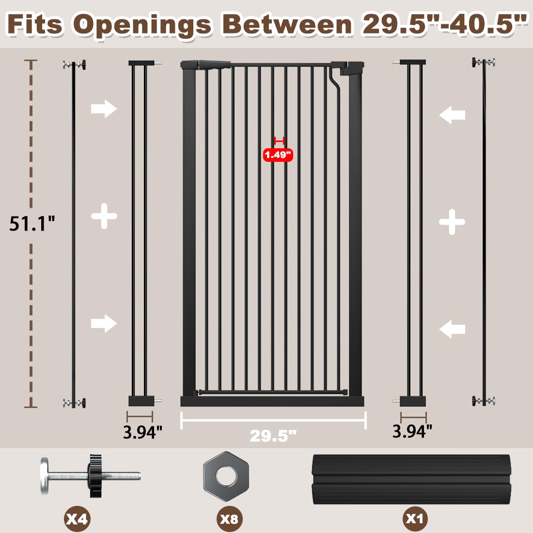 Fairy Baby 51.1" Extra Tall Pet Gate, 29.5"-32.6" Adjustable Width Auto Close Encrypted Tall Dog Gate, Cat Proof Metal Gate Indoor for Doorway Hallways, Pressure Mounted Child Safety Gates, Black