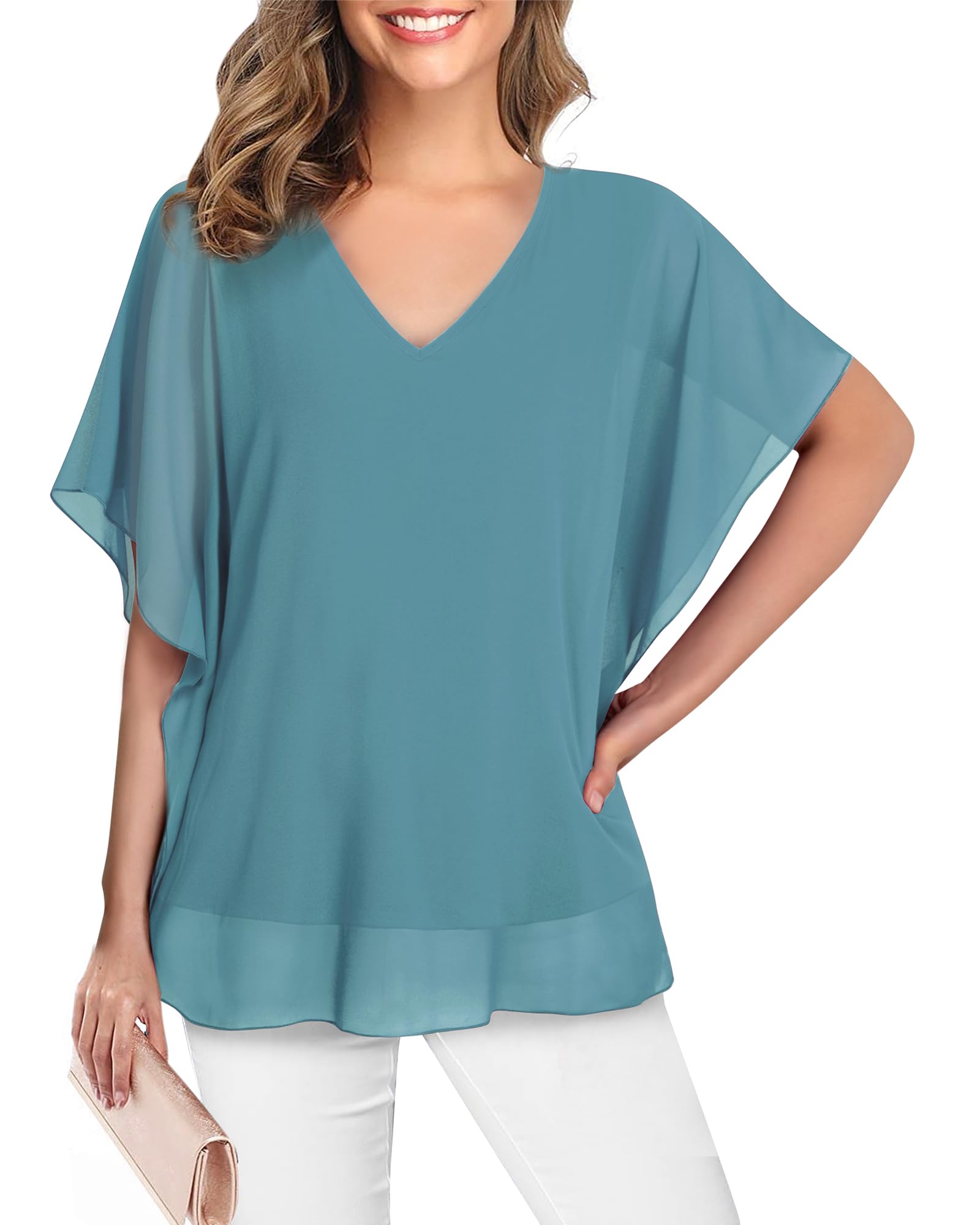 Lotusmile Women's Loose Flouncing Flutter Sleeve Double-Layered Shirt Chiffon Elegant Dressy Blouse Work Tops
