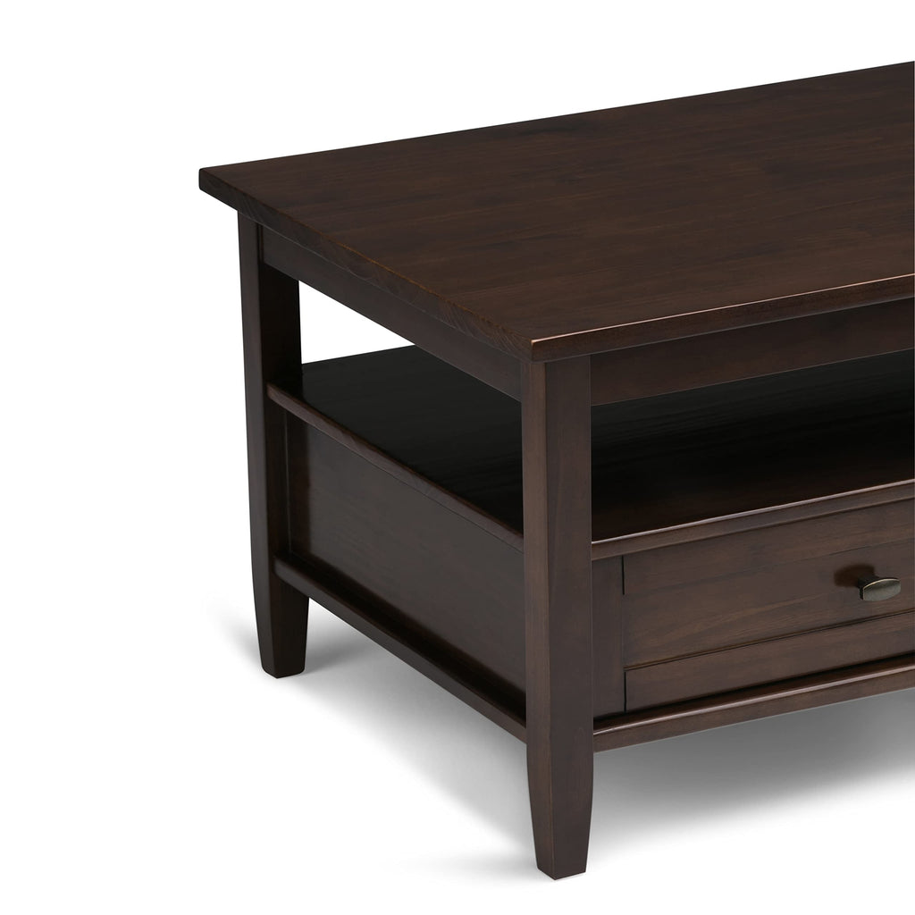 SIMPLIHOME Warm Shaker Coffee Table - 48 inch Wide Solid Wood Coffee Table in Black, Transitional Living Room Table with 2 Drawers, Open Shelf, Shaker Fronts and Tapered Legs