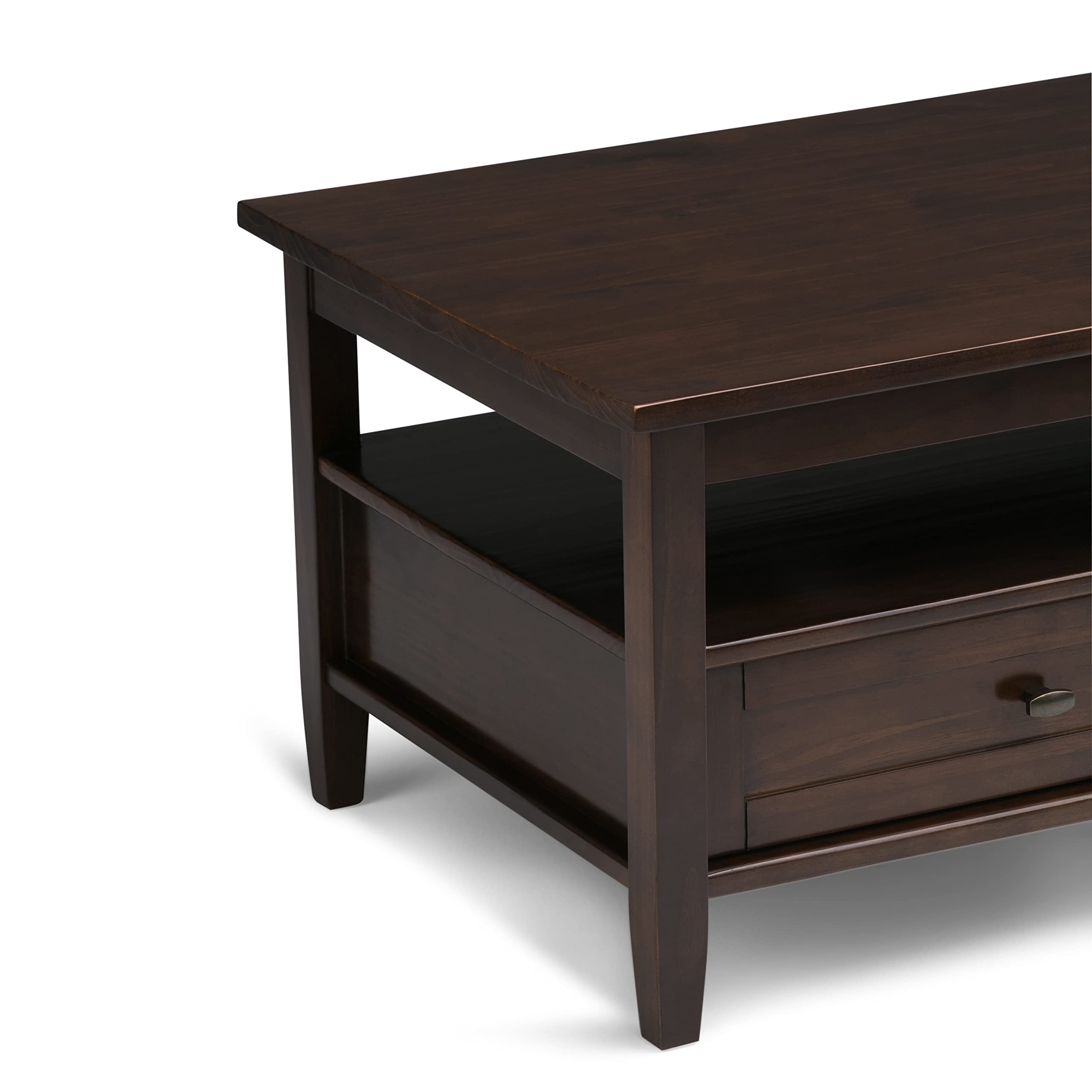 SIMPLIHOME Warm Shaker Coffee Table - 48 inch Wide Solid Wood Coffee Table in Black, Transitional Living Room Table with 2 Drawers, Open Shelf, Shaker Fronts and Tapered Legs