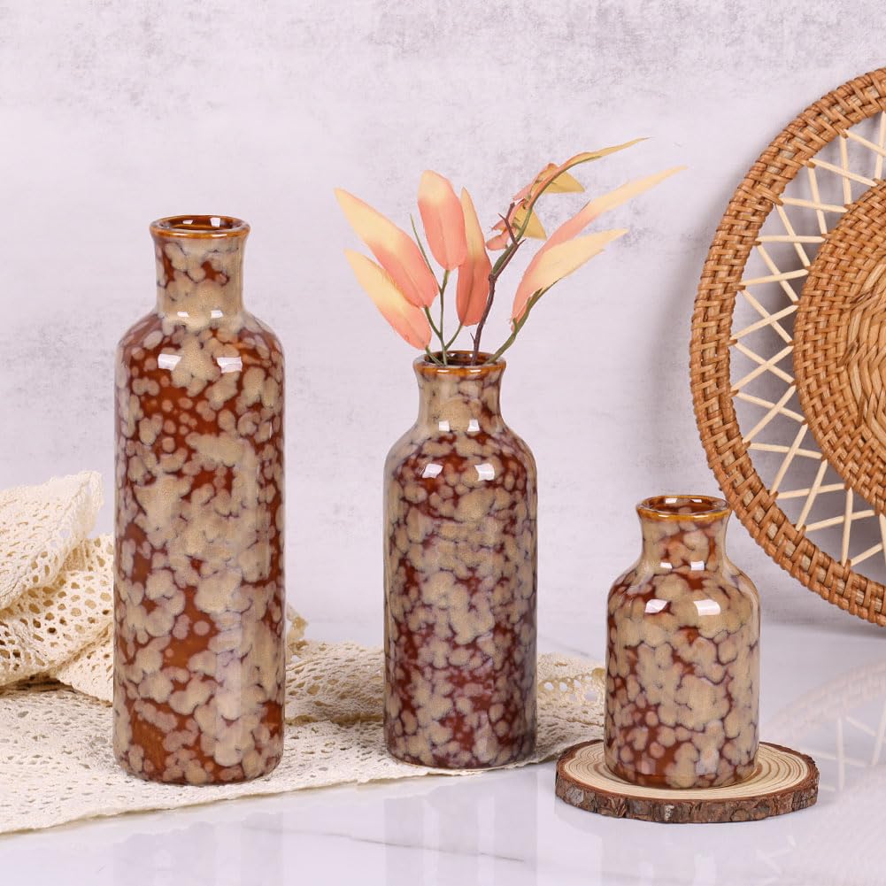 Ceramic Vase Set - 3 Ceramic Small Vases, Farmhouse Country Flower Vase Home Decor, Living Room Decoration, Table Decoration, Fireplace Decor, and Entrance Decorations Centerpieces