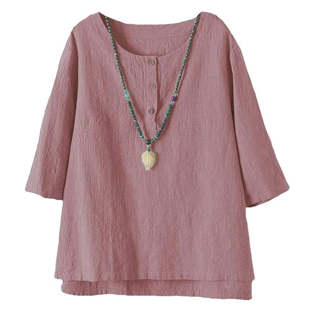 Minibee Women's 3/4 Sleeve Cotton Linen Jacquard Blouses Top T-Shirt