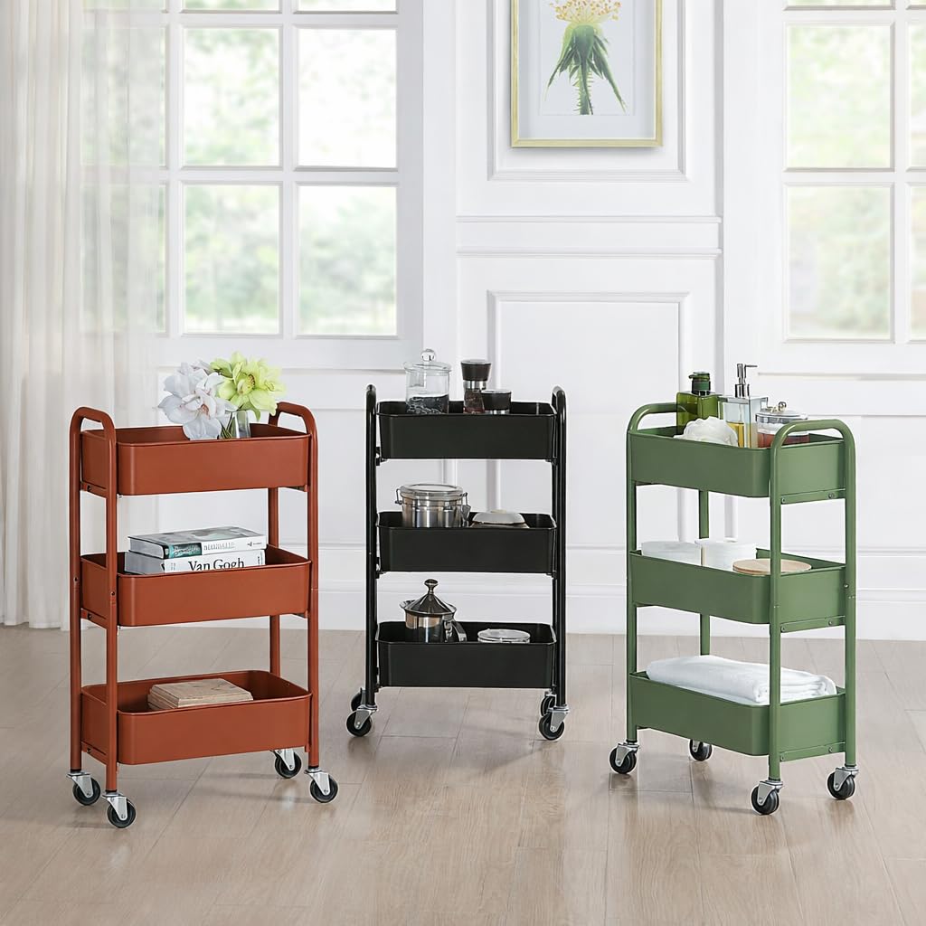 SunnyPoint 3-Tier Delicate Compact Rolling Metal Storage Organizer - Mobile Utility Cart Kitchen/Under Desk Cart with Caster Wheels - Army (15.35" X 10.24" X 26.8"H)