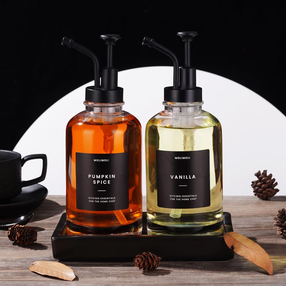 Molimoli Coffee Syrup Dispenser - Glass Bottle w. Pump, 11.8 oz 350 ml, Set of 2, Black Upgraded Pump