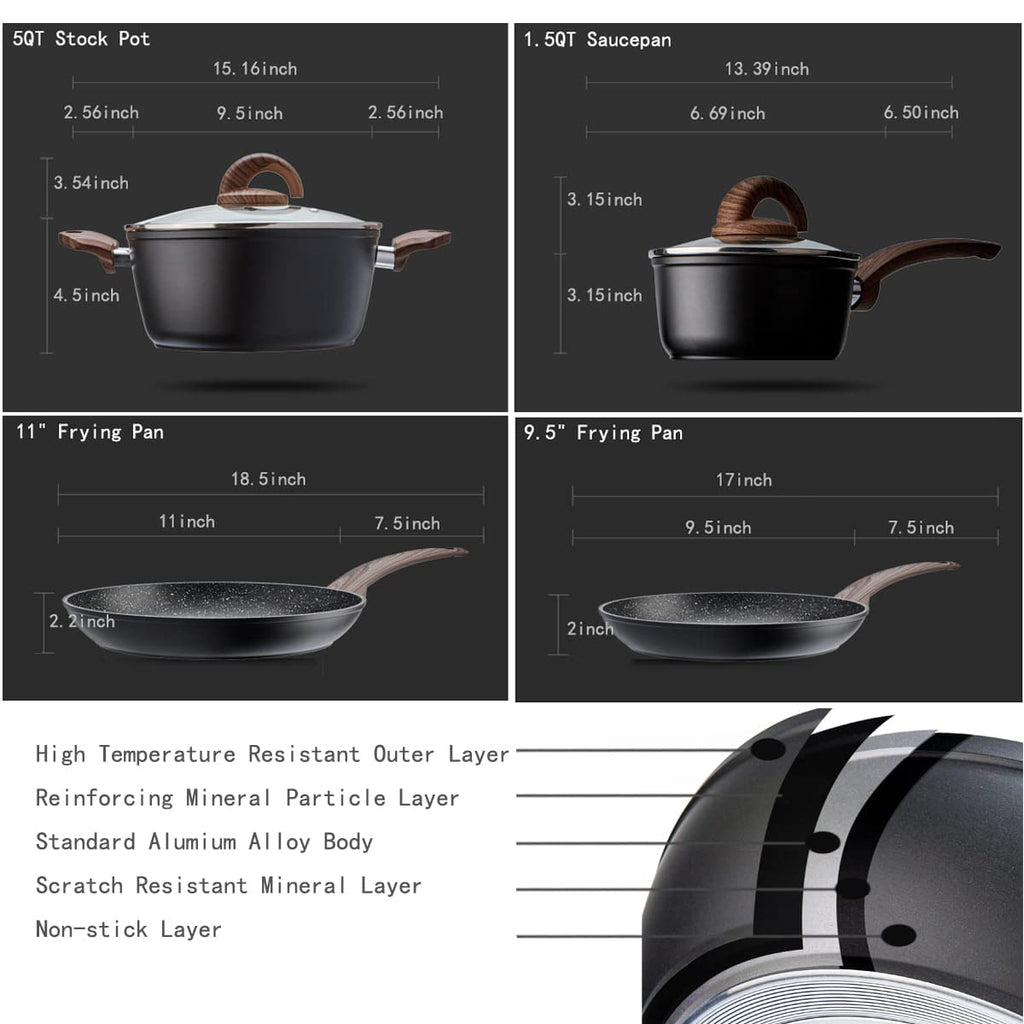 Vkoocy Pots and Pans Set Non Stick, Ceramic Cookware Set with Granite Pattern Kitchen Cooking Sets Induction Pot and Pan w/Frying Pans, Saucepans, Casserole, Non-Toxic, PTFE/PFOA/PFOS-Free, Black