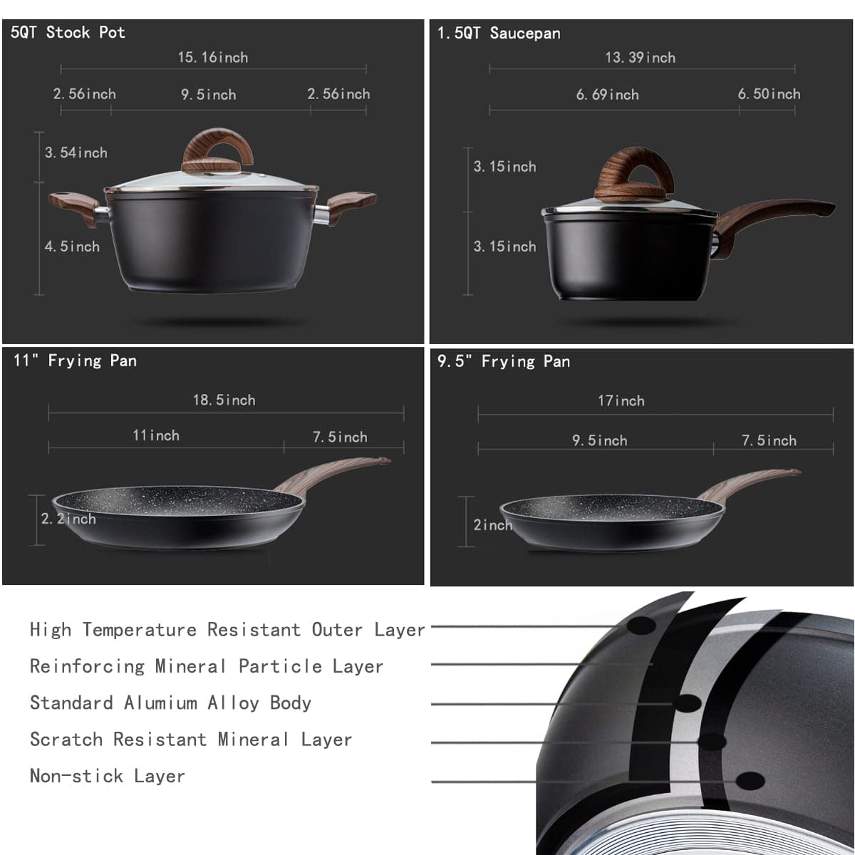 Vkoocy Pots and Pans Set Non Stick, Ceramic Cookware Set with Granite Pattern Kitchen Cooking Sets Induction Pot and Pan w/Frying Pans, Saucepans, Casserole, Non-Toxic, PTFE/PFOA/PFOS-Free, Black