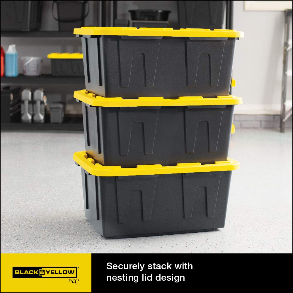 CX Black & YELLOW, Shelving Unit and Heavy Duty Storage Containers, Extremely Durable (Shelf + 27 Gallon Container (4-Pack))