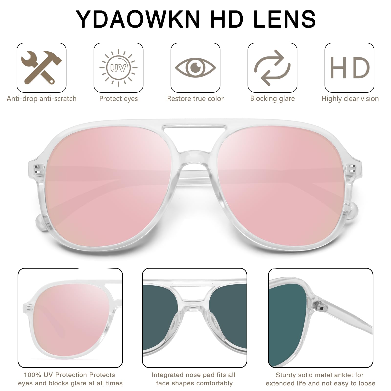 YDAOWKN Retro Square Aviator Sunglasses for Womens Mens Vintage 70s Double Bridge Sun Glasses