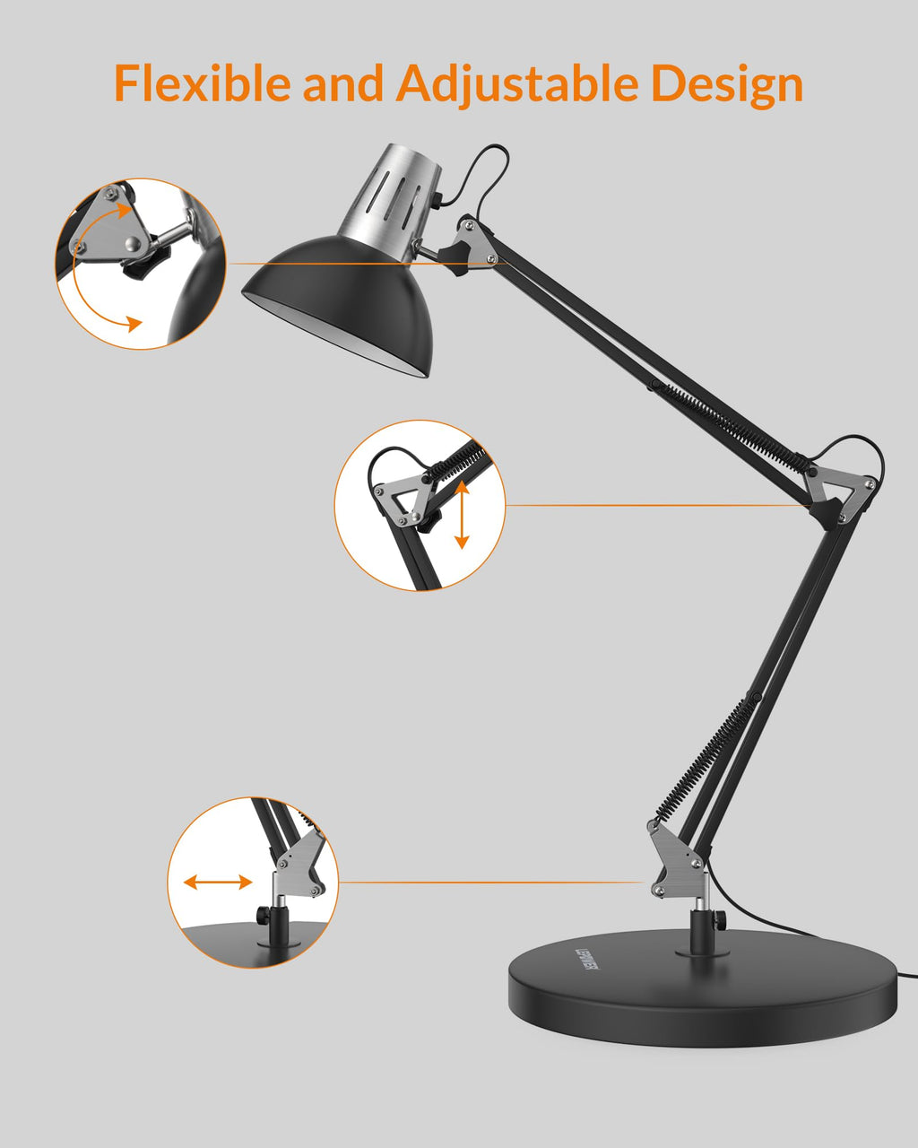 LEPOWER Metal Desk Lamp, Adjustable Goose Neck Architect Table Lamp with On/Off Switch, Swing Arm Desk Lamp with Clamp, Eye-Caring Reading Lamp for Bedroom, Study Room &Office (Sandy Black)