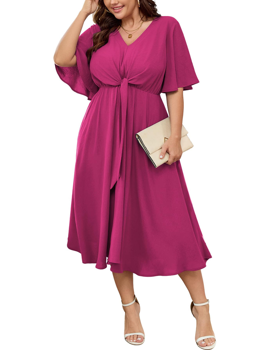 SCOMCHIC Women Plus Size Midi Dresses Wedding Guest Short Sleeve V Neck Tie Waist Casual Summer Flowy A Line Dress
