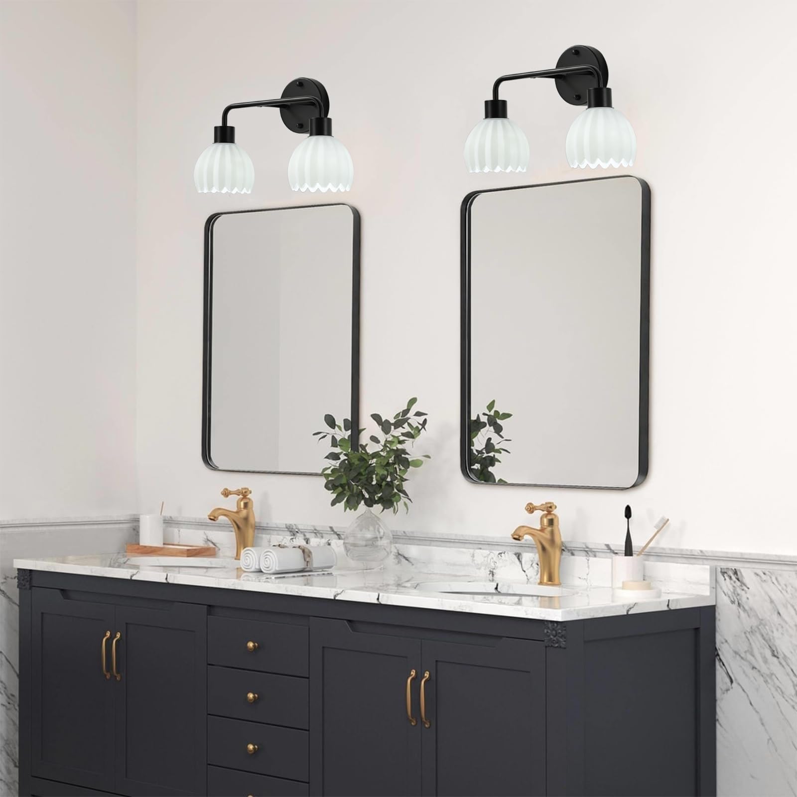 1-Light Gold Brass Bathroom Light Fixture,Wall Sconces set of 2,Brushed Gold Vanlity Light Over Mirror,Bathroom Vanity Light with White Tulip Glass Flower Shade,E26 Socket(Bulbs Not Included)