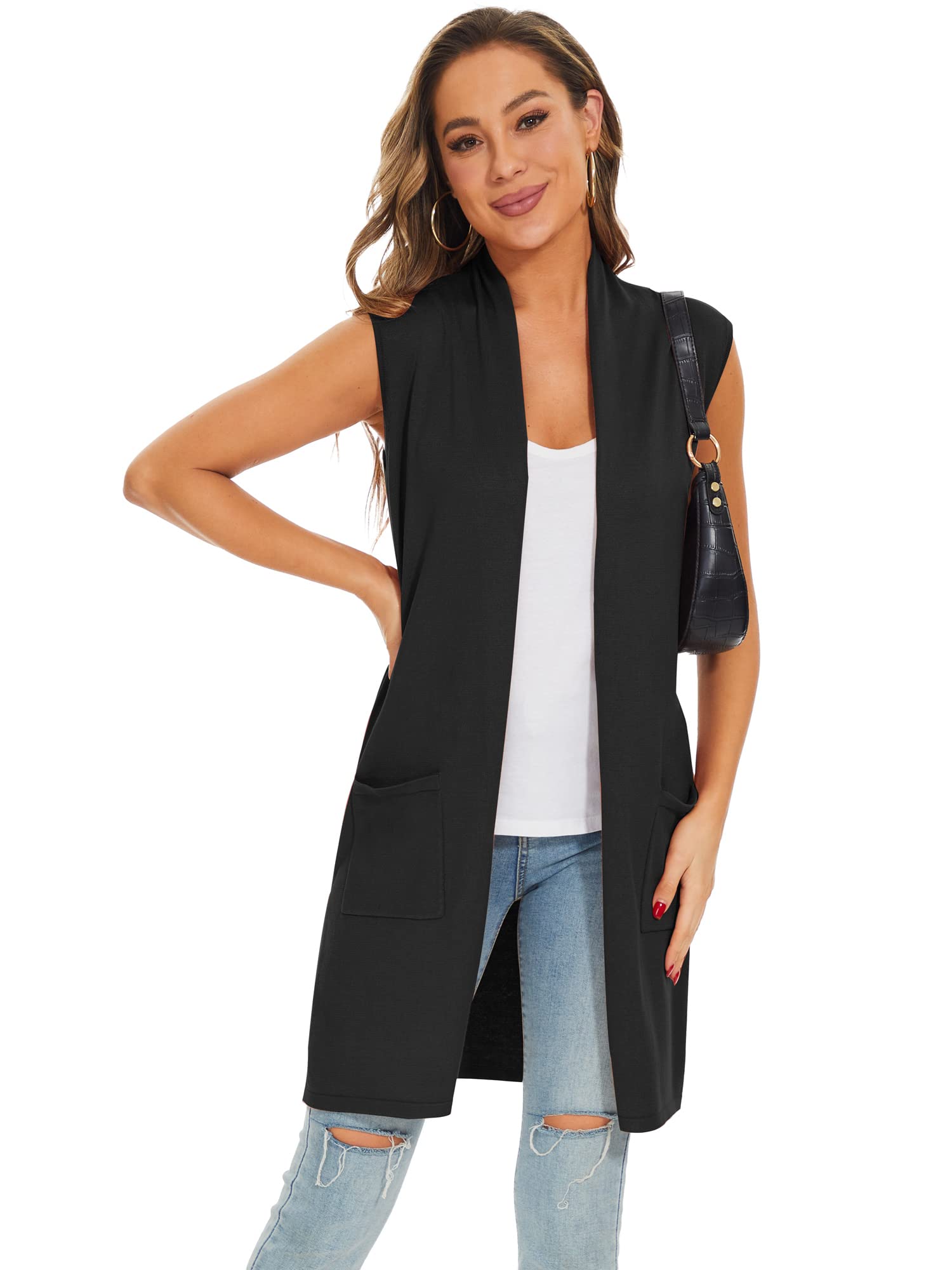 Moss Rose Women's Long Knit Cardigan Vest Casual Sleeveless Open Front Draped Duster Vest (Available in Plus Size)
