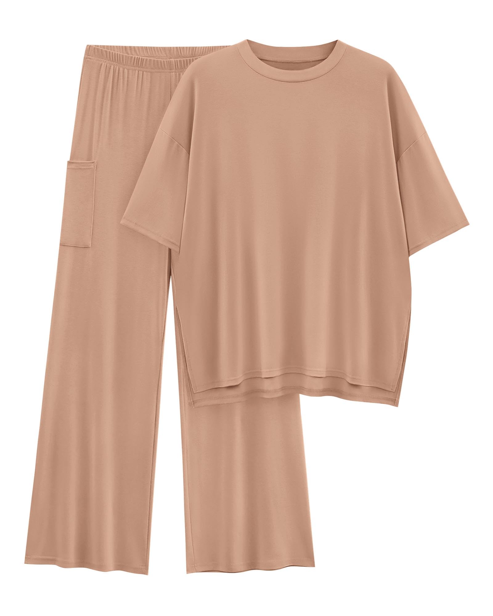 KIRUNDO 2 Piece Lounge Sets for Women Airport Travel Vacation Outfits Summer Casual Loose Short Sleeve Tops & Wide Leg Pants