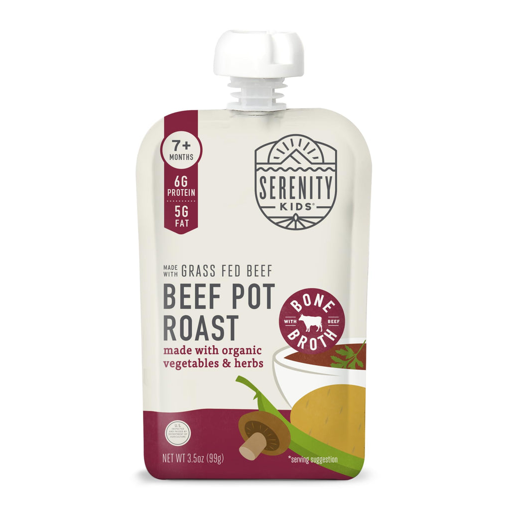 Serenity Kids Bone Broth Puree Made With Organic Veggies | Clean Label Project Purity Award Certified | 3.5 Ounce BPA-Free Pouch | Grass Fed Beef Pot Roast | 1 Count